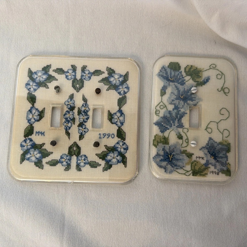 Vtg Finished Cross Stitch Single Toggle Light Switch Cover Floral Completed 1990